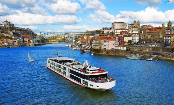 Modern Douro river cruise ship on the Douro River near Porto and Vila Nova de Gaia