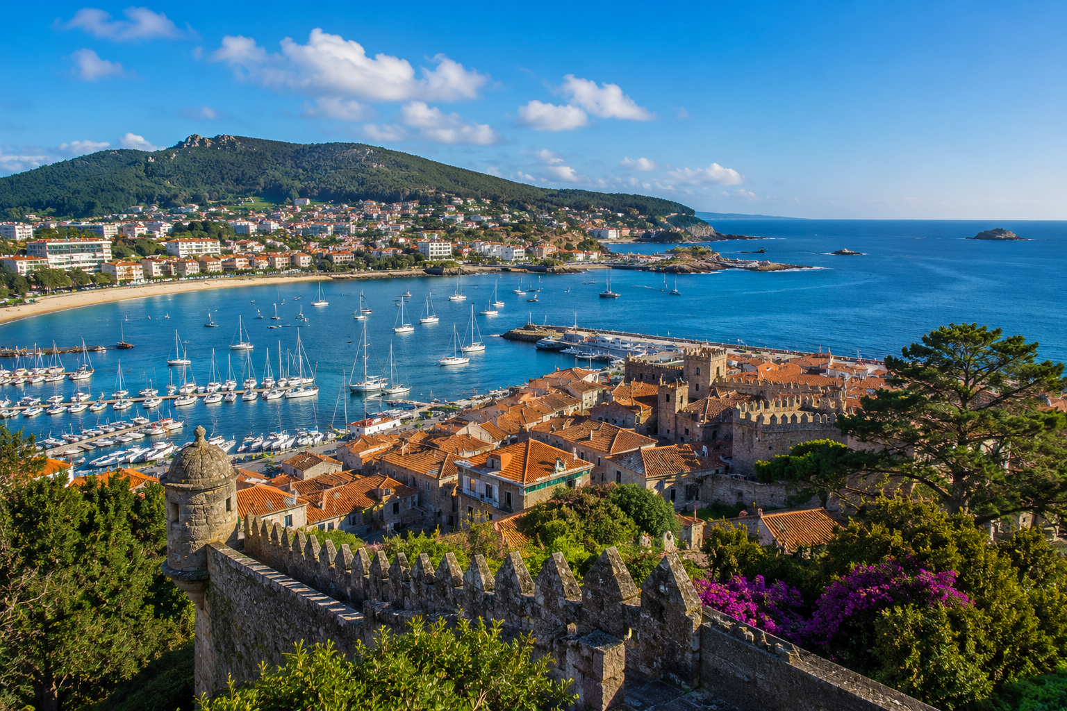 Scenic harbor and coastal view in Baiona along the Galician coast