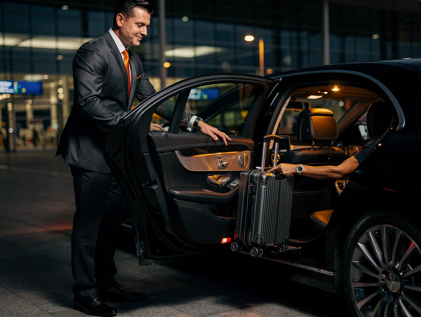 Professional chauffeur waiting at Porto airport with Mercedes vehicle
