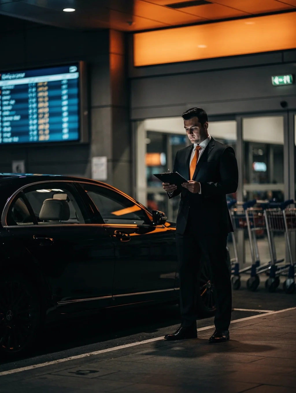 Private airport transfer chauffeur with Mercedes vehicle at Porto arrivals.