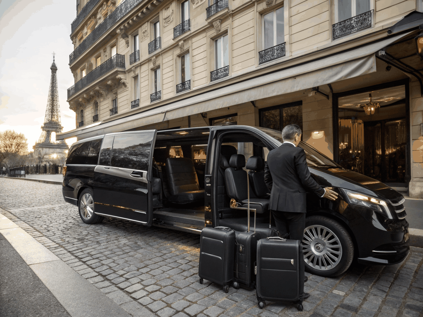 Group of passengers boarding a Mercedes V-Class van for group transportation and events